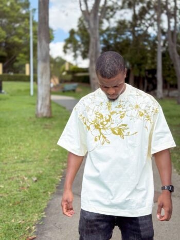 cream t-shirt with flower