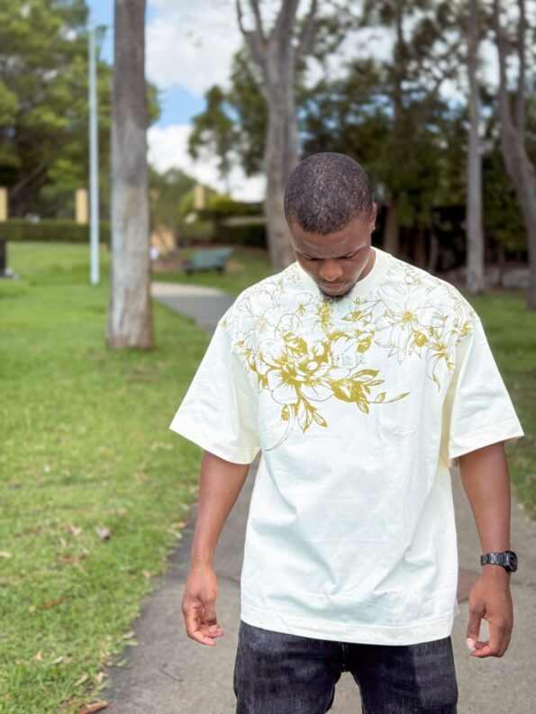 cream t-shirt with flower