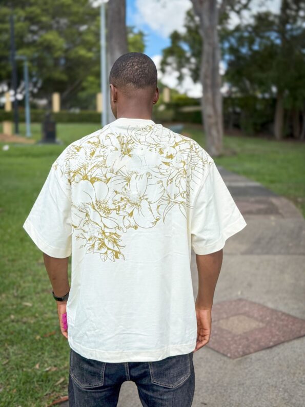 cream t-shirt with flower