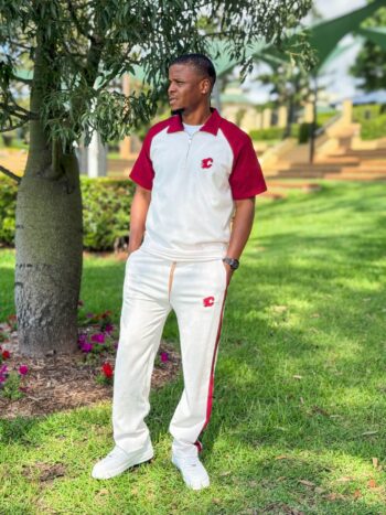 white tracksuit with red