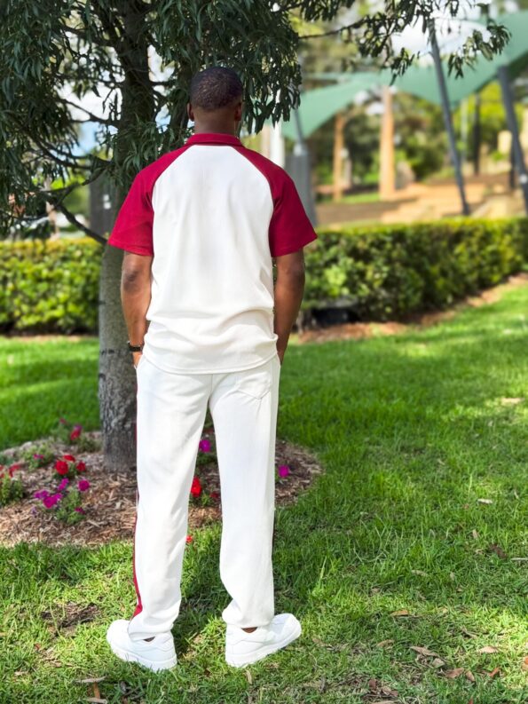 white tracksuit with red