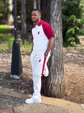 white tracksuit with red