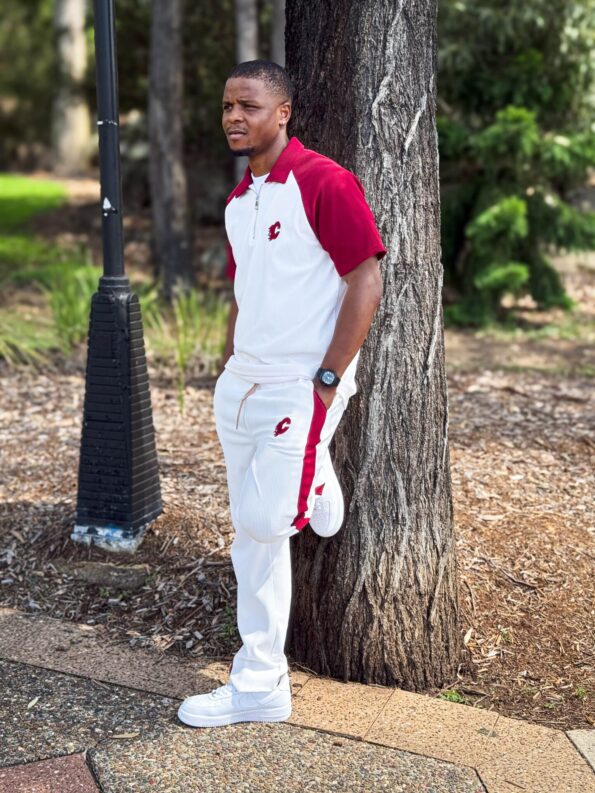 white tracksuit with red